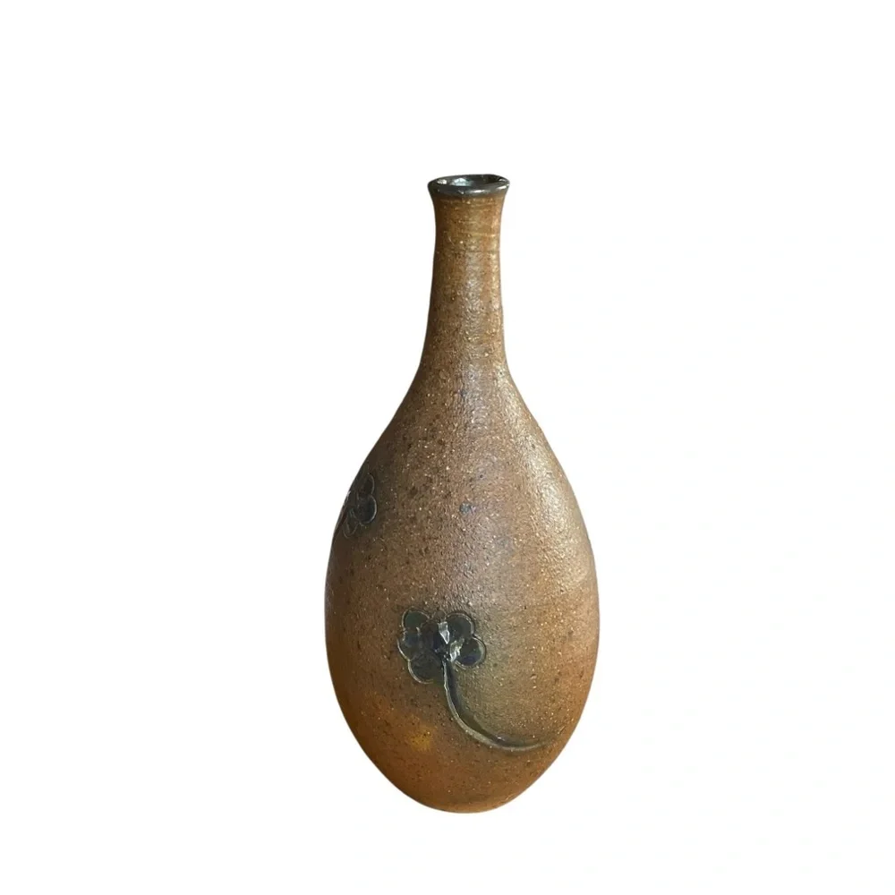 Hand Crafted Brown Vase with Black Floral Design
